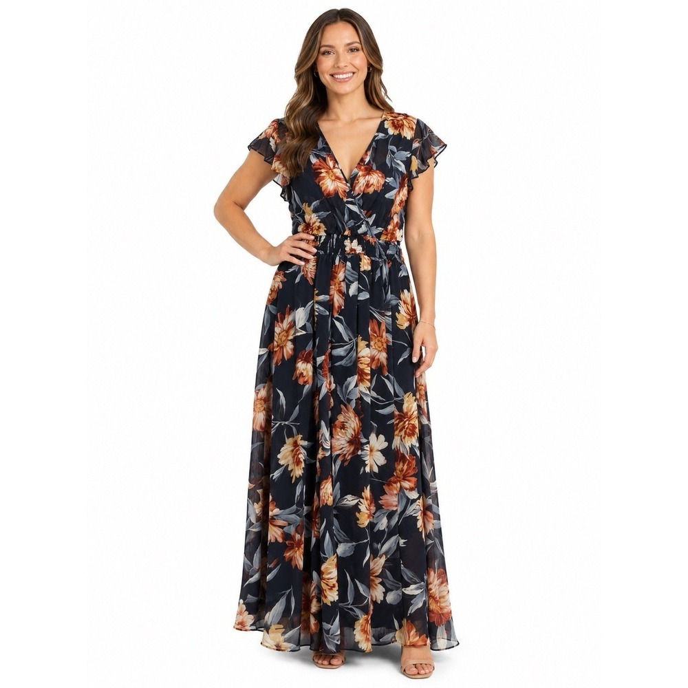 Alexa B Nites Petite 6P Navy Floral Maxi Dress V Neck Flutter Sleeve Formal